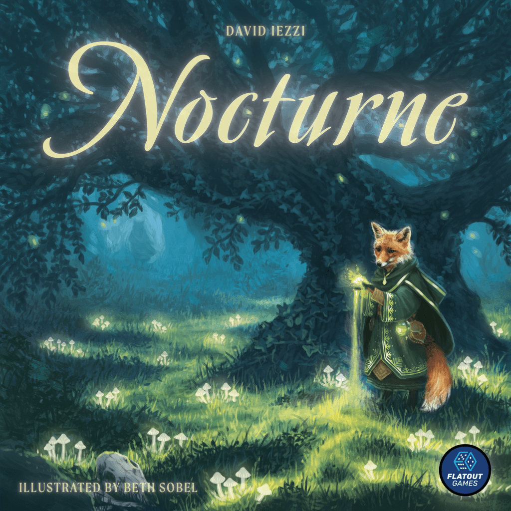 Box cover art for the board game Nocturne, showing a painting of a magical fox in a forest.