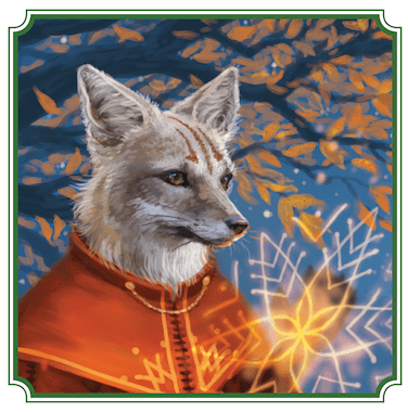 Painting - close up of a grey fox wearing a red robe. Tree in the background under a starry sky.