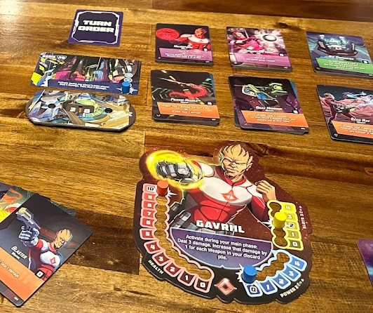 Astro Knights - part of the game set up on a wooden table.