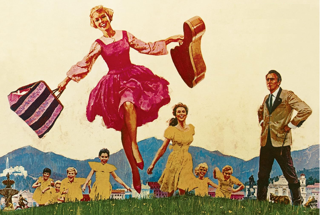 Sound of Music soundtrack album cover image. A painting of a woman in a dress in the foreground carrying a guitar case and bag. A man a children are in the background.