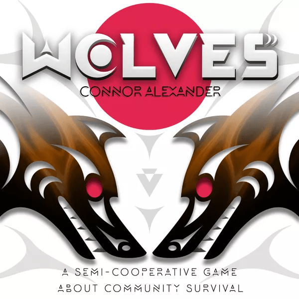 Box art for Wolves board game, "a semi-cooperative game about community survival). Red and black stylized wolves on a white background.