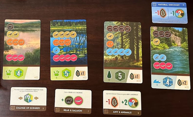 Habitat cards and completion cards from Cascadia: Rolling Rivers.