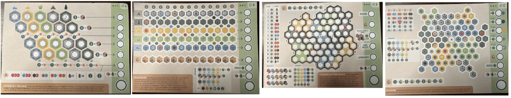 Four game sheets, side by side, showing colorful hexagons.