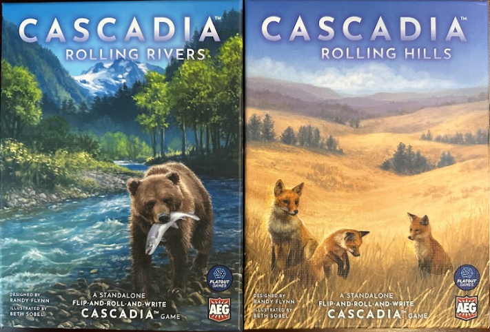 Box cover art paintings for Cascadia Rolling Rivers (Bear with salmon, walking along a river with forest and mountains in the background) and Cascadia Rolling Hills (foxes standing in a plain)