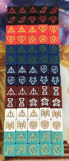 70 dice of 7 different colors/types, shown as 14 rows of 5.