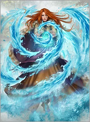 Painting of a red-haired woman with spirals of water around her. She seems to be conjuring/bending the water magically.