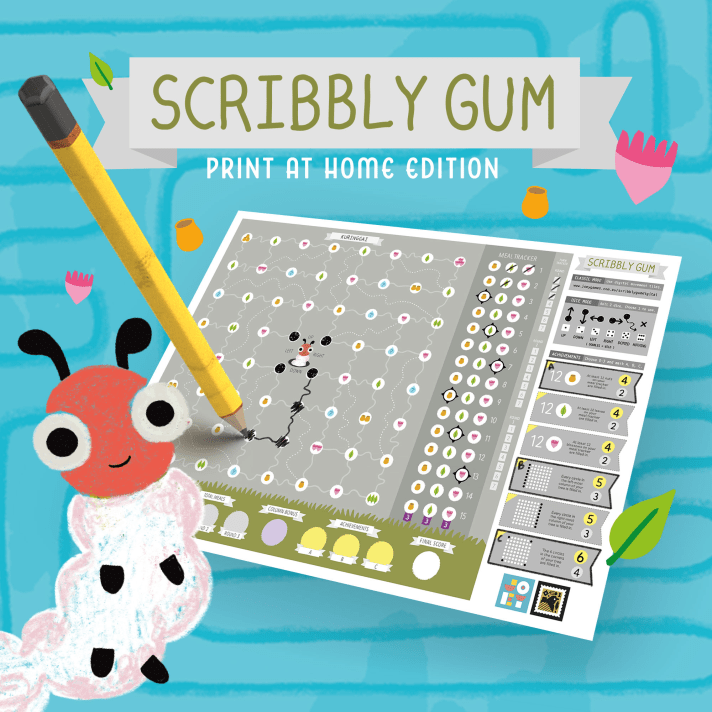 Scribbly Gum: Print at Home Edition cover image, showing a pencil, the game sheet, and a hand drawn baby moth.