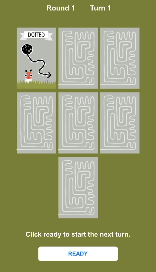phone screen image showing 6 face down cards and one face-up card (Dotted text, hand-drawn art of a squiggly arrow and baby moth). At bottom the phrase, "Click ready to start the next turn" and a button with the word Ready.