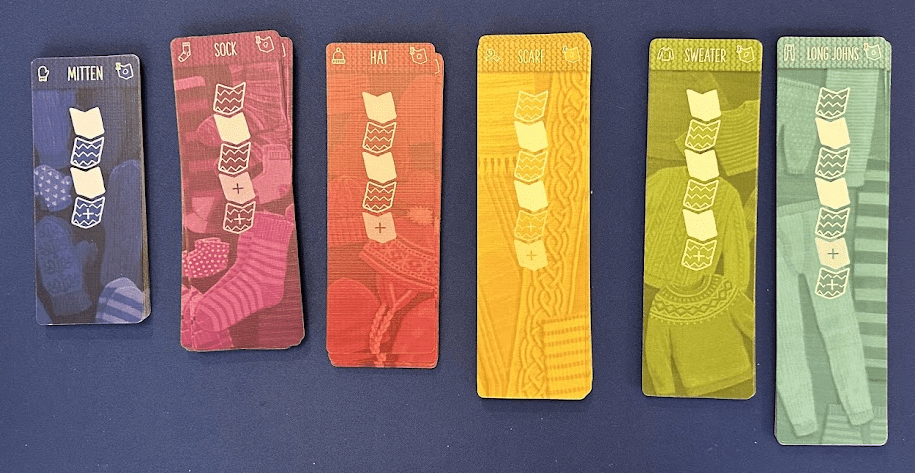 Close up of the back of Knitting Circle's garment boards: Mitten, Sock, Hat, Scarf, Sweater, Long Johns.