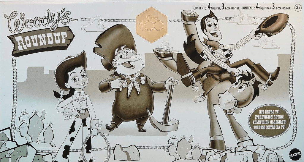Back of box for "Woody's Roundup" toy showing black-and-white cartoon art for Jesse, the Prospector, and Woody on a horse. 