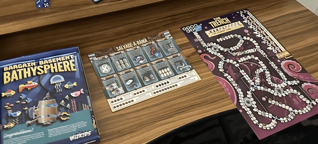 Game box, dry-erase game board, and Salvage-o-Rama game board for Bargain Basement Bathyshpere.