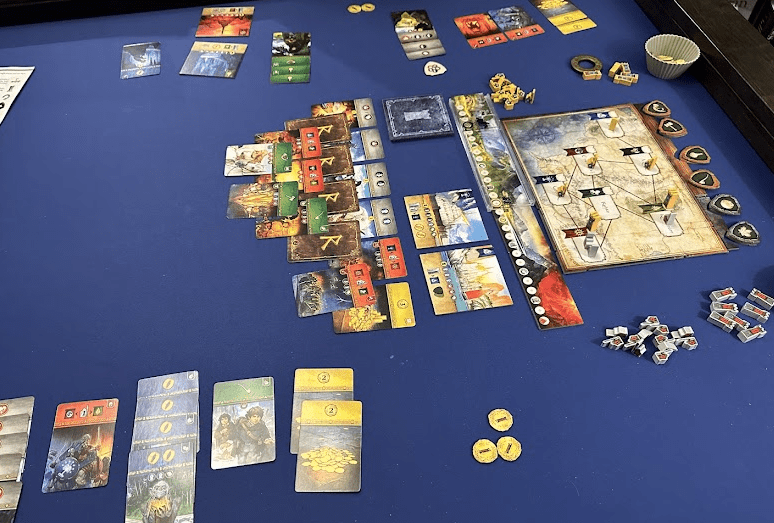 Wide shot of all components for Lord of the Rings: Duel for Middle-earth game.