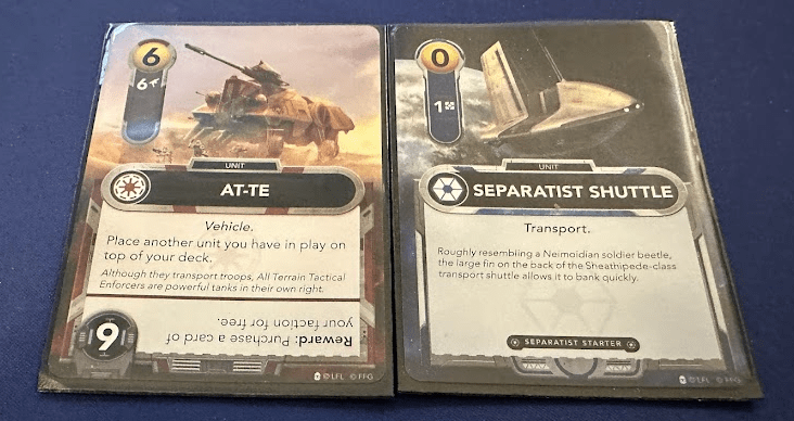 Close up of a Republic and Separatist card for Star Wars The Deckbuilding Game.