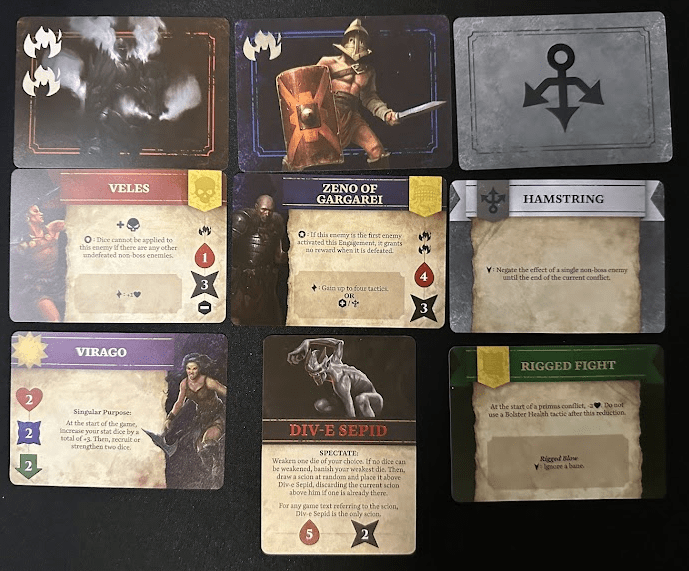 9 colorful cards from 20 Strong: Hoplomachus Victorum