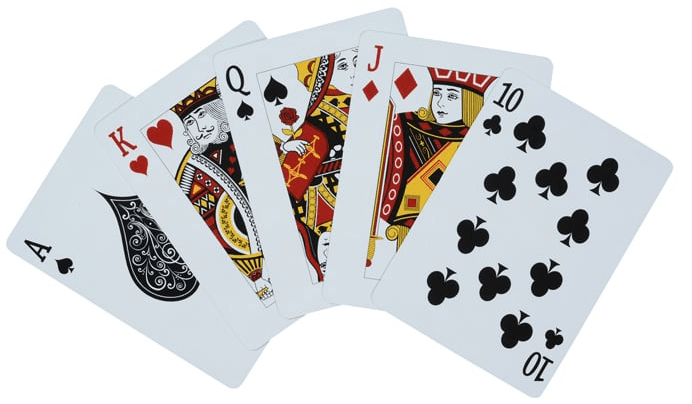 A hand of playing cards displaying an Ace, King, Queen, Jack, and 10 in various suits.