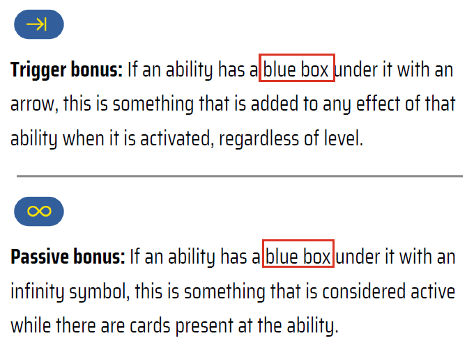 Text explaining the Trigger and Passive bonuses in a board game, highlighting the importance of 'blue boxes' in the mechanics.