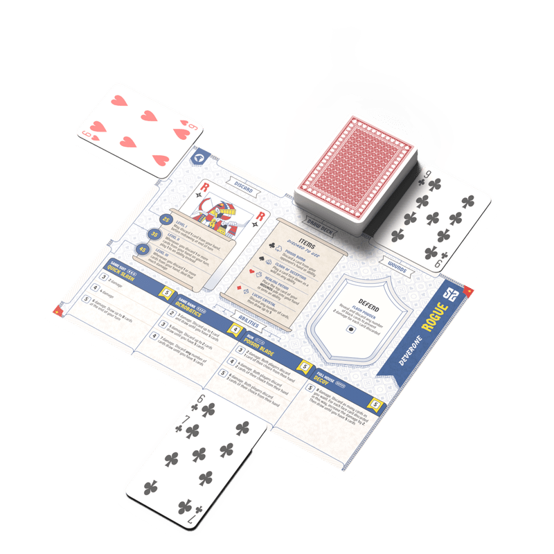 A tabletop layout showcasing the game '52 Duels' featuring character sheets, playing cards, and game instructions. 