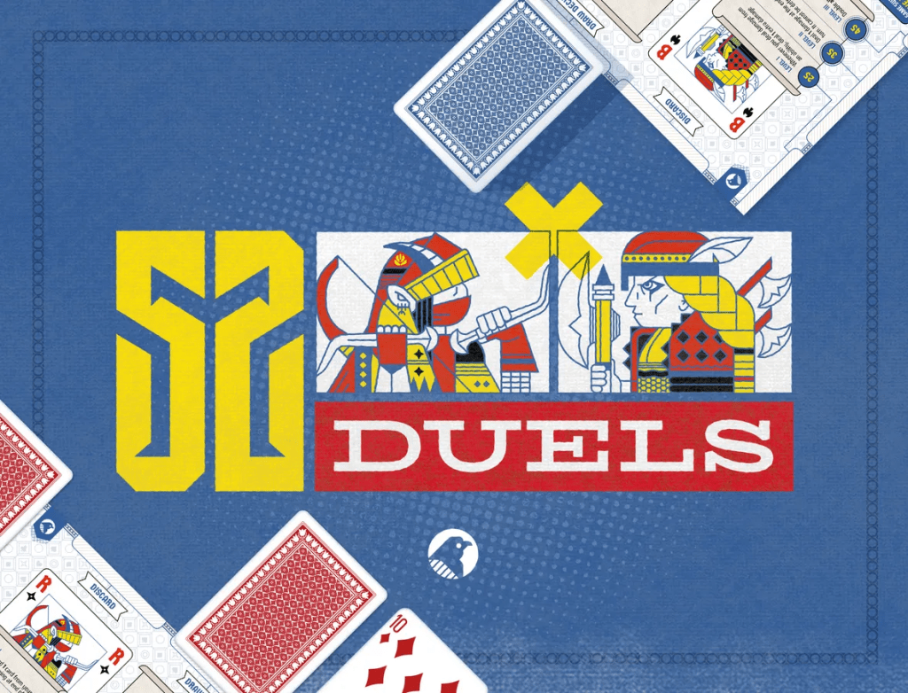 Logo for '52 Duels' featuring stylized characters and the game's name in bold yellow and red letters, surrounded by playing cards.