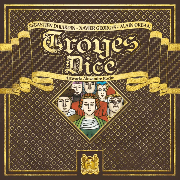 Box cover for Troyes Dice, showing game title, painting of Middle Ages-style faces, and black-and-gold design.