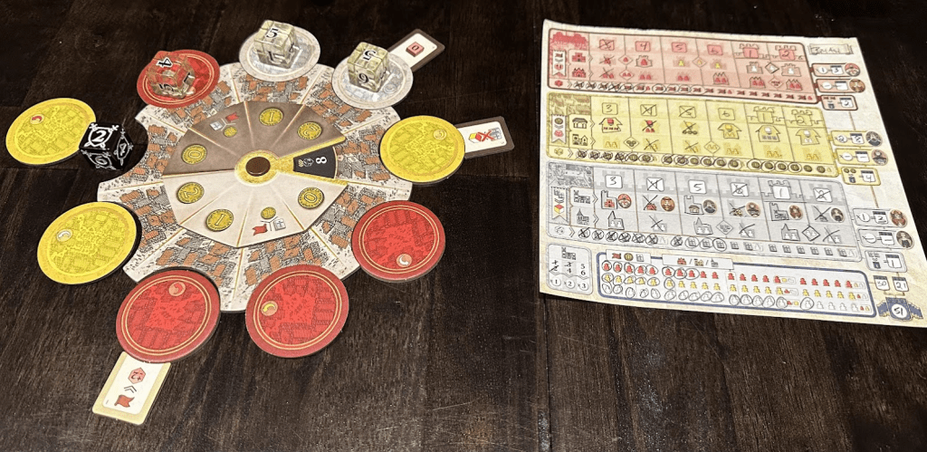 Wide shot of full Troyes Dice game and player sheet.