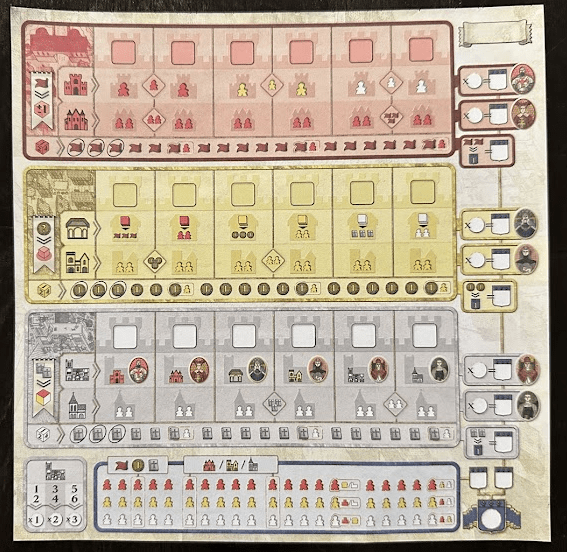 Player sheet for Troyes Dice with three sections (Red, Yellow, White).