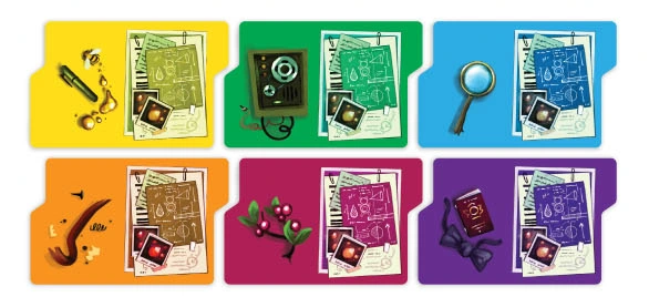 6 folders in different colors with various spy-related icons.