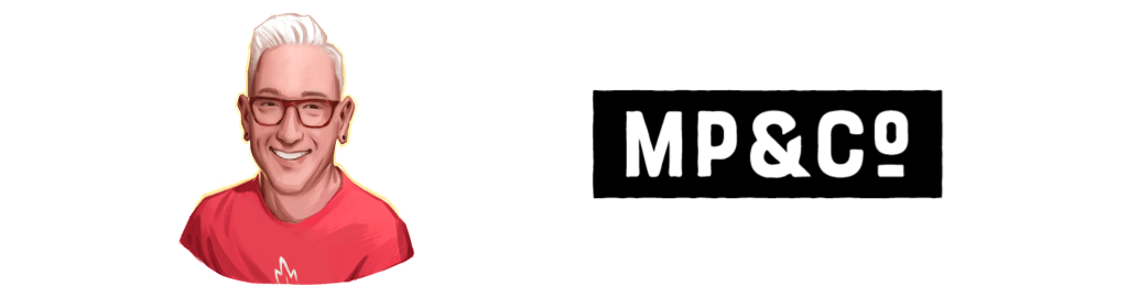 Cartoon image of white man with white hair wearing colorful glasses and a T-shirt. Right side has the MP&CO logo in white block letters on a black background.